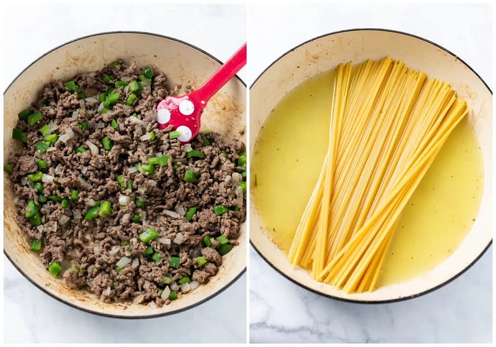 Cook and crumble the ground beef and onions over medium-high heat until nearly cooked through. Add the diced peppers, garlic, and seasonings during the last 2-3 minutes. Set aside on a separate plate and drain any grease.