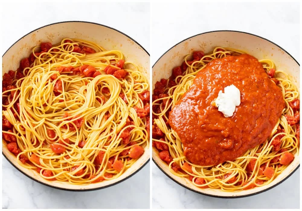 Bring the broth to a boil. Add the uncooked spaghetti noodles and use kitchen tongs to twist the noodles into the pot as they soften. Once softened, add the undrained diced tomatoes.
