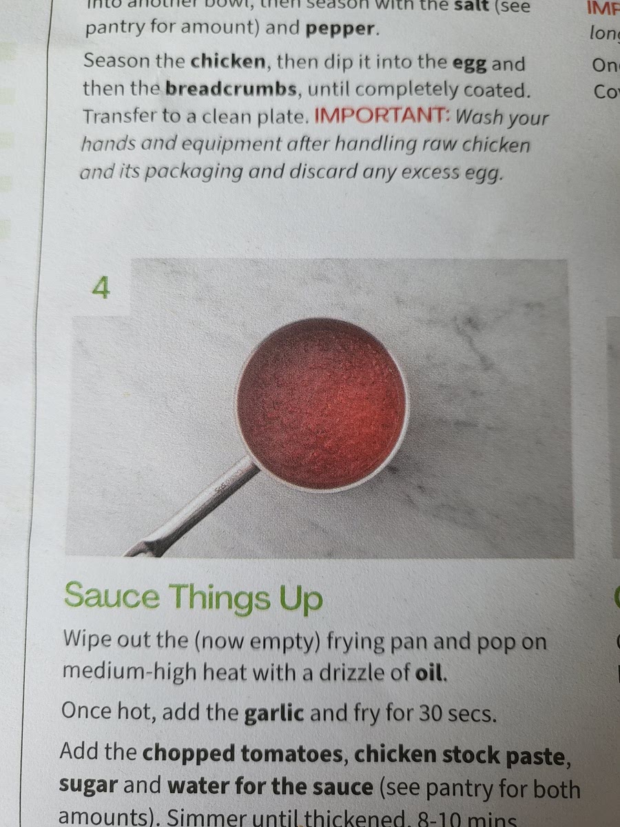 Wipe out now empty frying pan, put of medium heat with drizzle of oil. When hot add garlic. 30 secs. Add chopped tomatoes, chicken stock paste, sugar, water and simmer until thickened