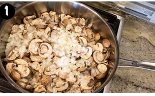 Heat the olive oil in a large, deep skillet over medium-high heat. Add the mushrooms, onions, and kosher salt. Cook, stirring occasionally, until the mushrooms have released their liquid and the liquids have mostly evaporated, about 10 minutes.