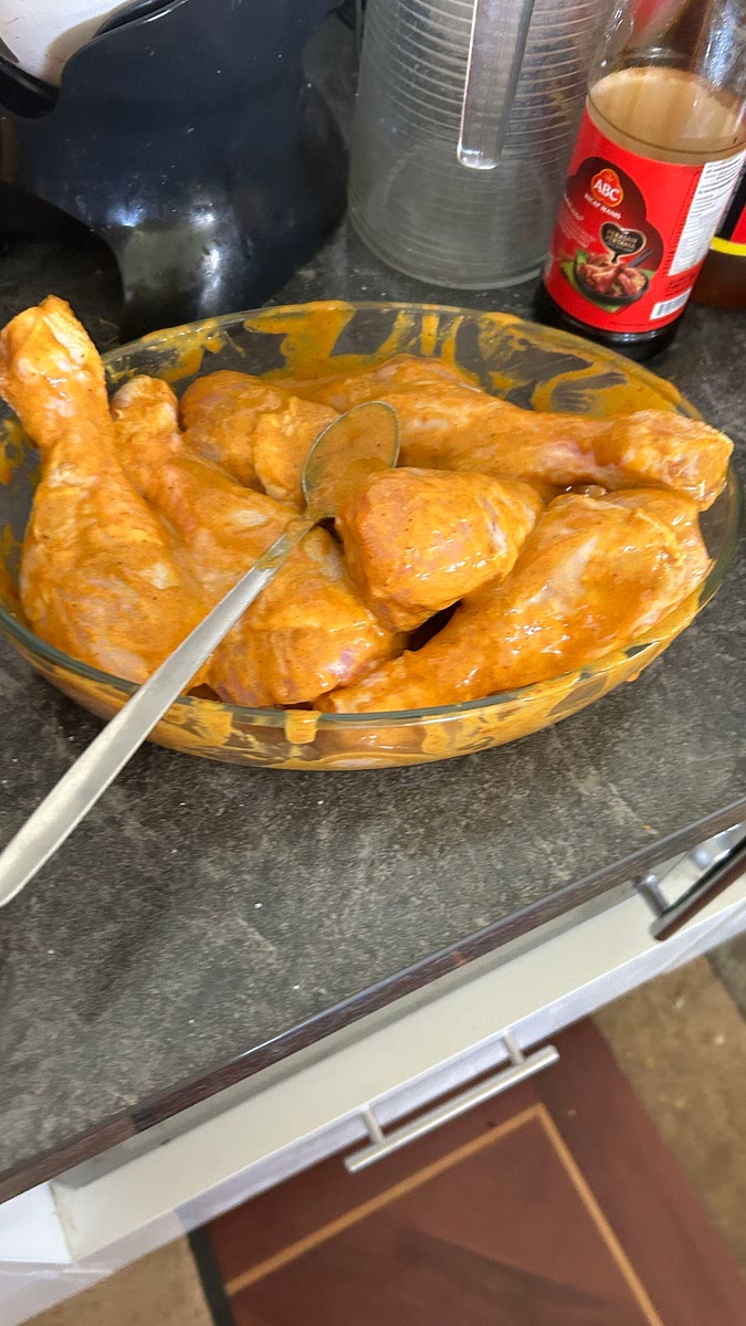 Mix marinade ingredients together and coat chicken. Leave for minimum 30 mins
