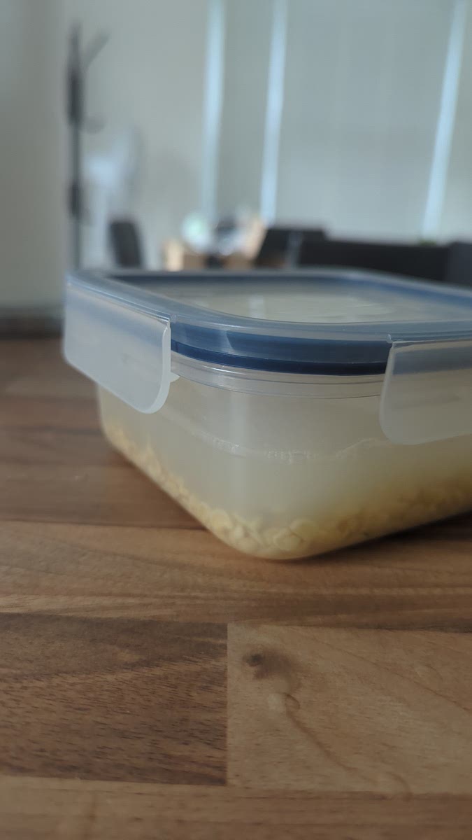 Submerge peeled white beans in 3/4 cup water in an airtight container. Leave in a warm dry place for 90 minutes