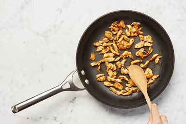 • Pat chicken* dry with paper towels and season all over with salt and pepper. • Heat a drizzle of oil in same pan over medium-high heat. Add chicken; cook, stirring occasionally, until browned and cooked through, 4-6 minutes. Reduce heat under pan to medium.