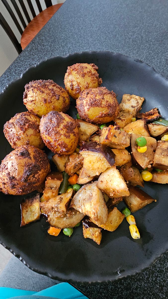 Take baby potatoes add the same seasoning and mix together and add to air fryer for 30 mins 360 degrees