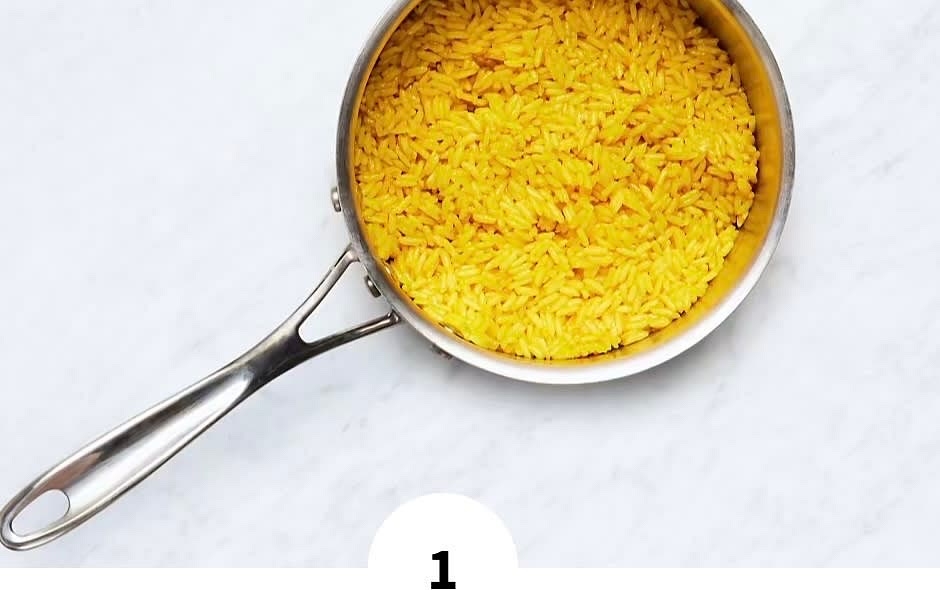 In a small pot, melt 1 TBSP butter over medium heat. Stir in ¼ tsp turmeric (½ tsp for 4 servings); cook stirring frequently, until fragrant, 30-60 seconds. • Stir in rice, ¾ cup water (1½ cups for 4), stock concentrate, a big pinch of salt, and pepper. Cover and bring to a boil, then reduce to a simmer. Cook until rice is tender, 15-18 minutes. Keep covered off heat until ready to serve.