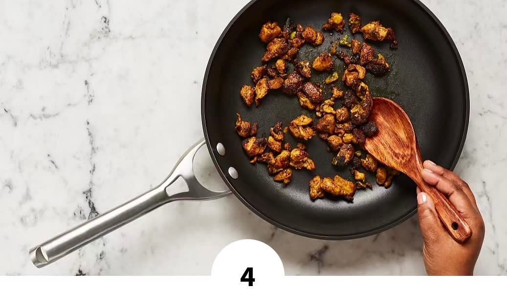 •Pat chicken* dry with paper towels; season with Shawarma Spice Blend, salt, and pepper. • Heat a drizzle of oil in a large pan over medium-high heat. Add chicken and scallion whites; cook, stirring occasionally, until chicken is browned and cooked through, 4-6 minutes.