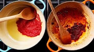 Add the tomato paste and cook until its a dark red, then add tomato sauce