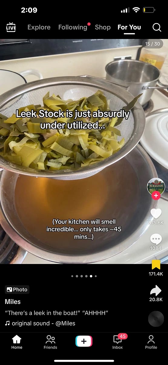 Chop leak tops and throw into pot with garlic cloves, peppercorns and bay leaves and create stock by letting simmer for 45 minutes then strain