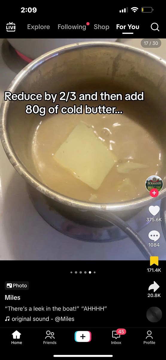 Reduce by 2/3 and add 80g butter and blend (salt and lemon to taste)