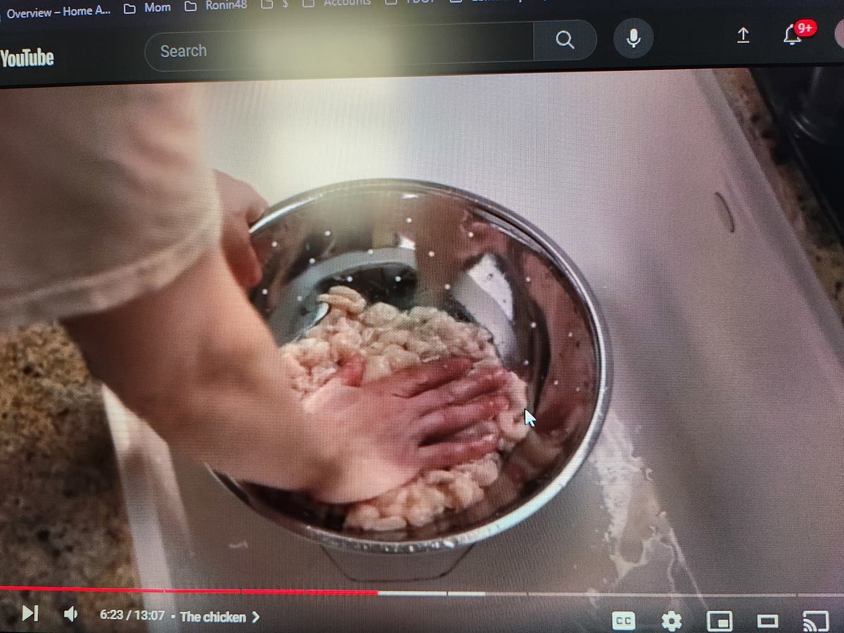 Wash chicken slivers under cold water by swirling it around by hand for 30 sec, then squeeze it any excess water