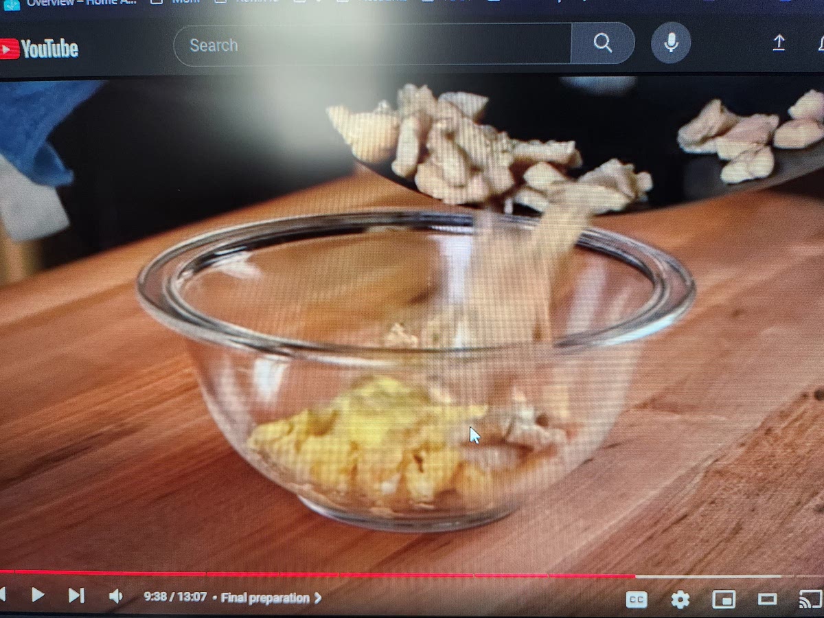 Remove meat into bowl with staged eggs until later
