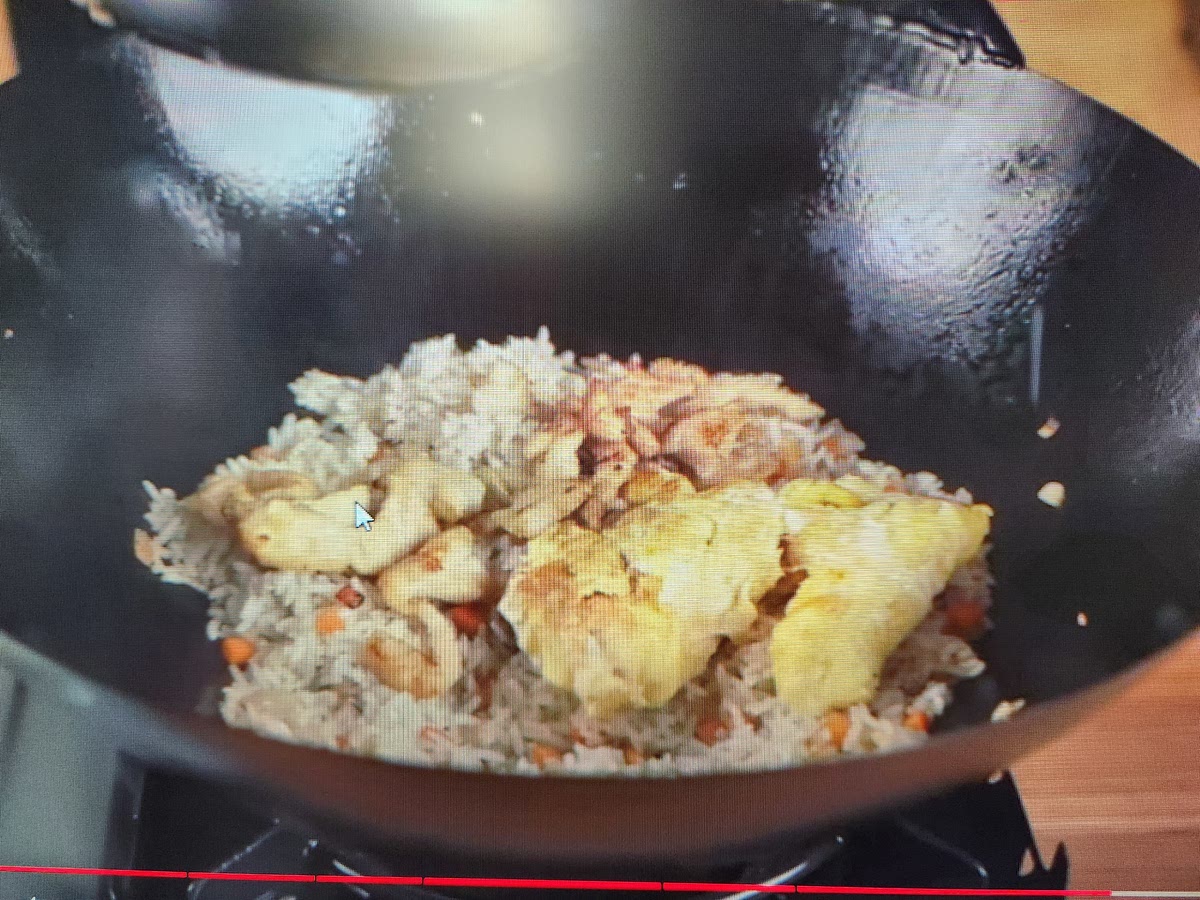 Add eggs and meat. Beat up clumps and mix.