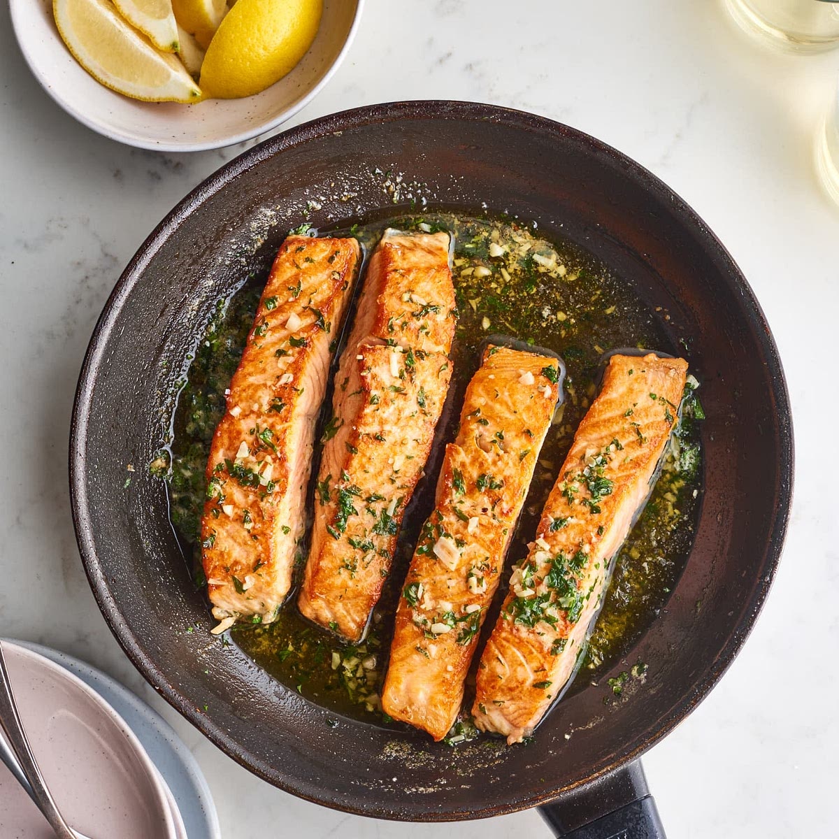 put chopped salmon in a pan and make the heat down