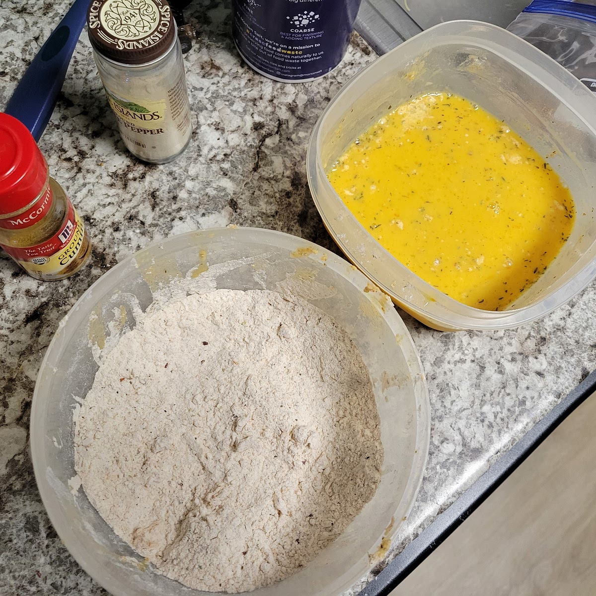 Heat up fryer or deep pan with at least 1 quart of preferred oil to 320°
Make your dry and wet mix in separate containers.