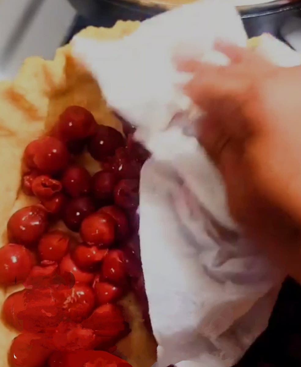 Pre heat oven 350• Drain cherries in mesh strainer, set on paper towels to absorb excess liquid, and pat dry as much as possible as to no transfer any liquid onto the pie shell. Once dry, spread cherries over prebaked pie shell and set aside.