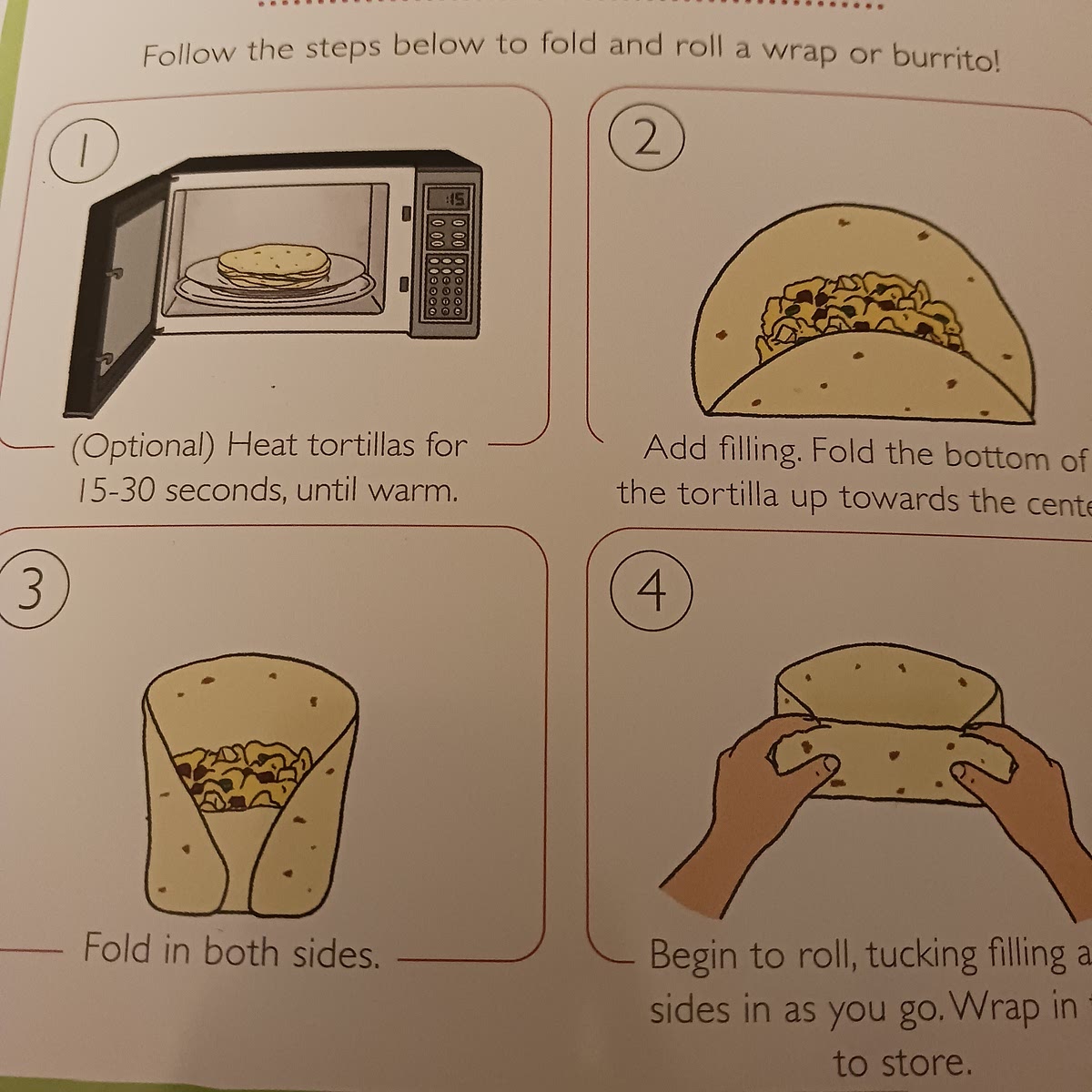 Wrap. Heat tortillas for 15-30 seconds until warm. Add filling at the center. Fold in both sides. Begin to tolls and tuck filling and sides as you go. Store in foil