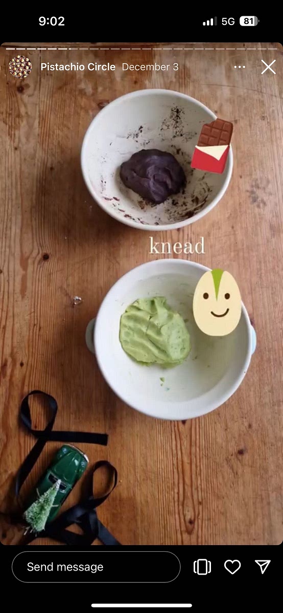 Divide dough into two. Add cocoa to one half and ground pistachios to the other (Add green food coloring to the pistachio portion if you want). Knead both portions.