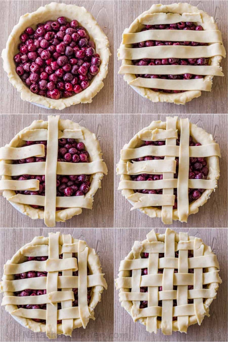 Roll the second crust into a circle and use a pizza cutter to slice into ten 2,5 cm strips. Using the 10 strips of dough, create a lattice crust over the top. Tuck in the excess dough at edges then pinch the edges to seal or crimp edges if desired. Refrigerate pie 30 minutes (or freeze 15 minutes) while preheating oven to 220 Celsius.