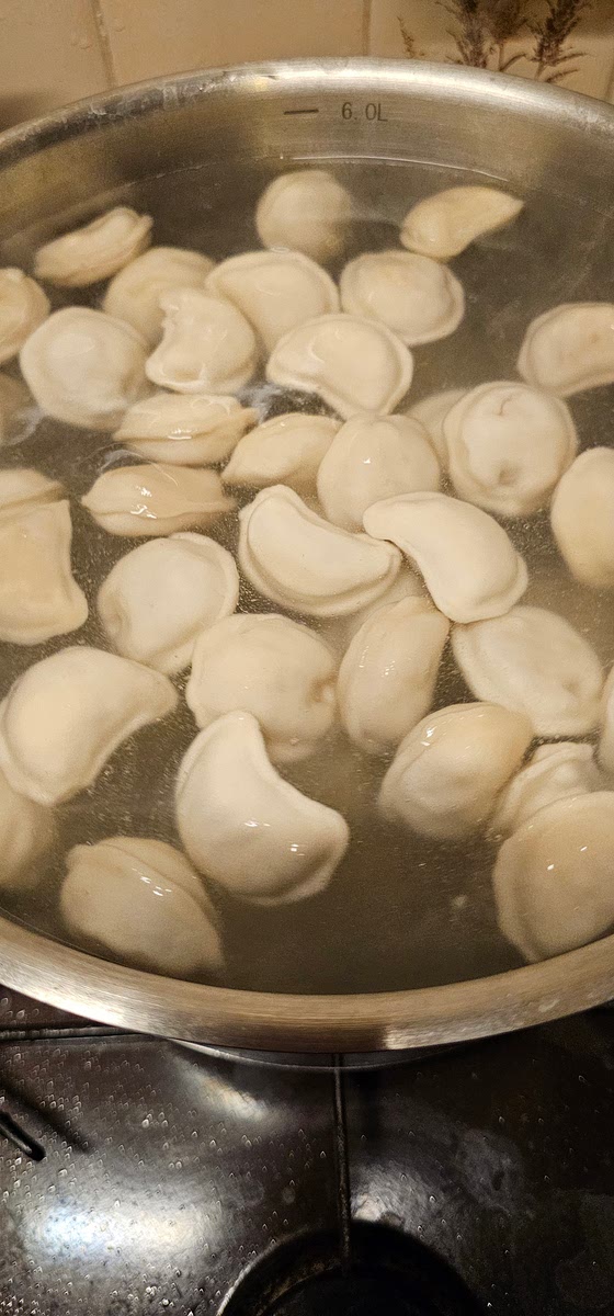 On medium heat, bring the water back to a simmer and wait for the pelmeni to float to the surface