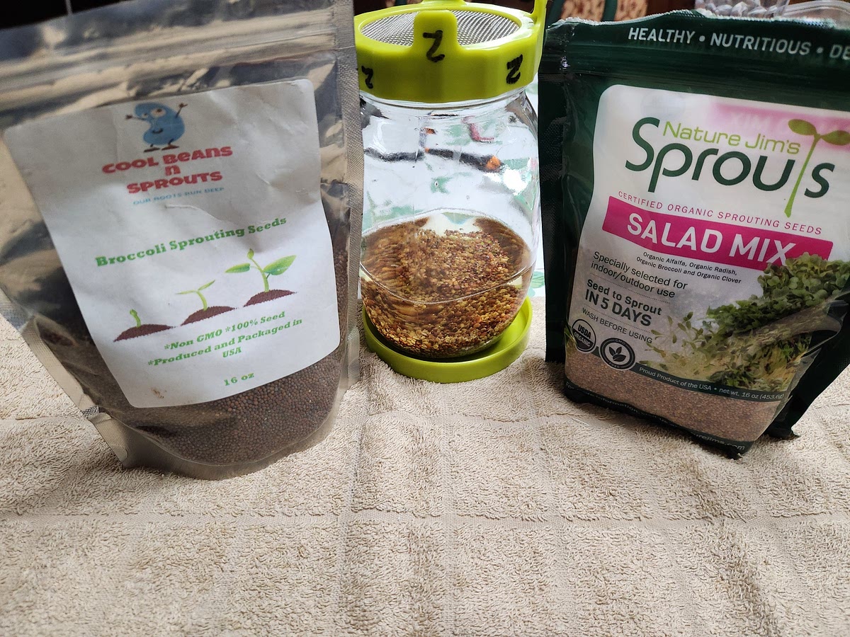 Seeds:
*Almost any vegetable seed may be used. Popular are the leafy greens, and some like sunflower, broccoli are nutrient dense. *We found Broccoli to be too strong for our taste and settled on a salad mix to work better.