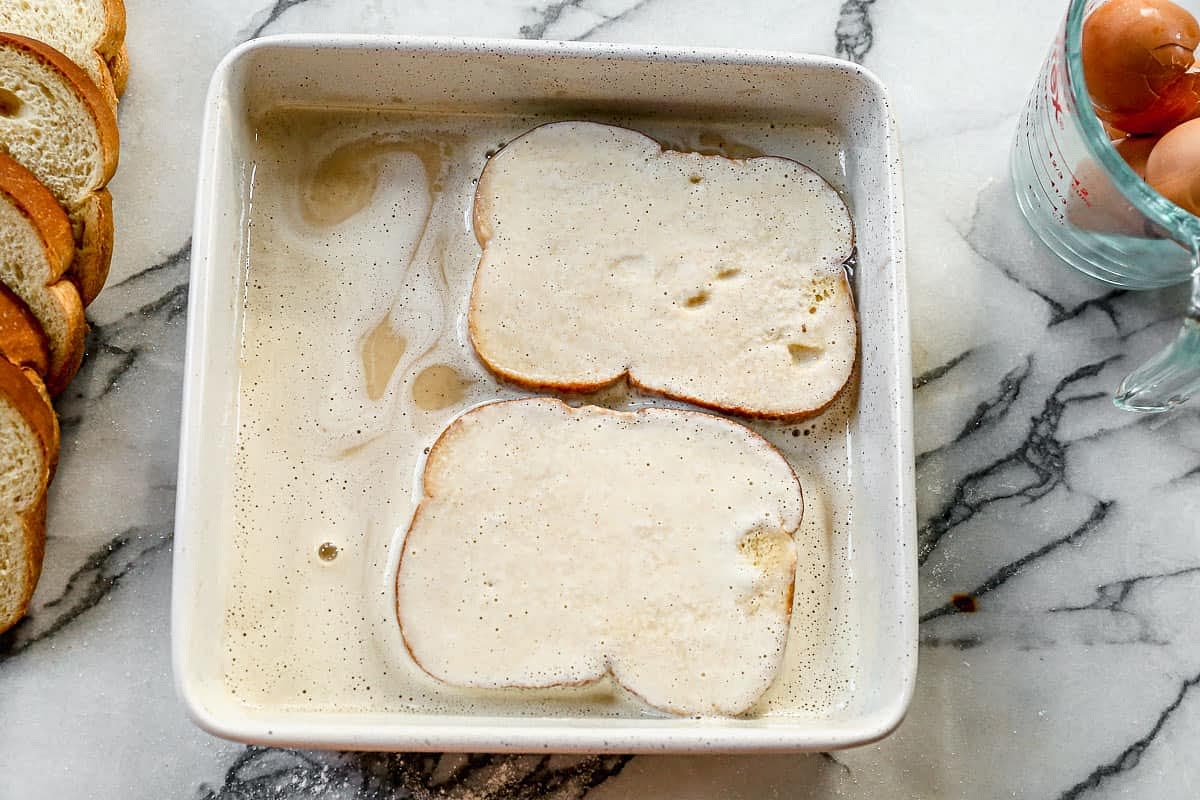 Add your ingredients to the baking dish and whisk them together do this in the baking dish because you will need a wide bottom to allow you to dip your slice of bread easily and evenly