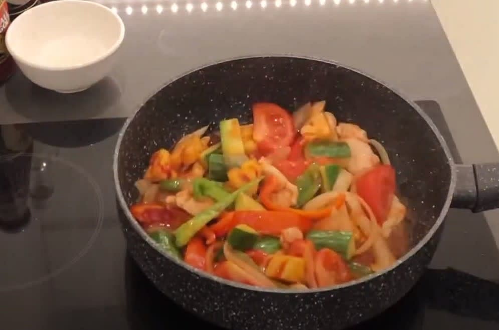 Now add tomato suace, sugar, vineger and light soy sauce