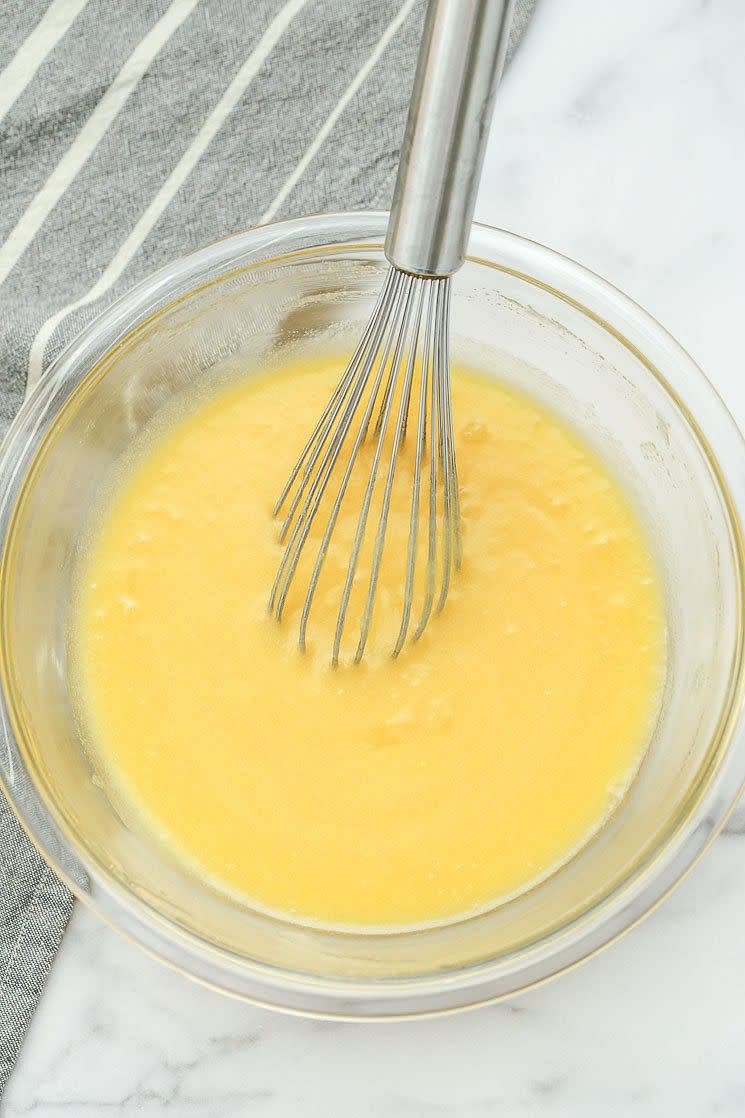 In a separate bowl, combine your wet ingredients, whisking to form a homogeneous mixture, adding your warm water last.