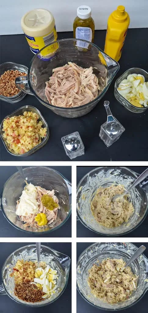 Place in a bowl and add your mayonnaise, mustard, and relish.