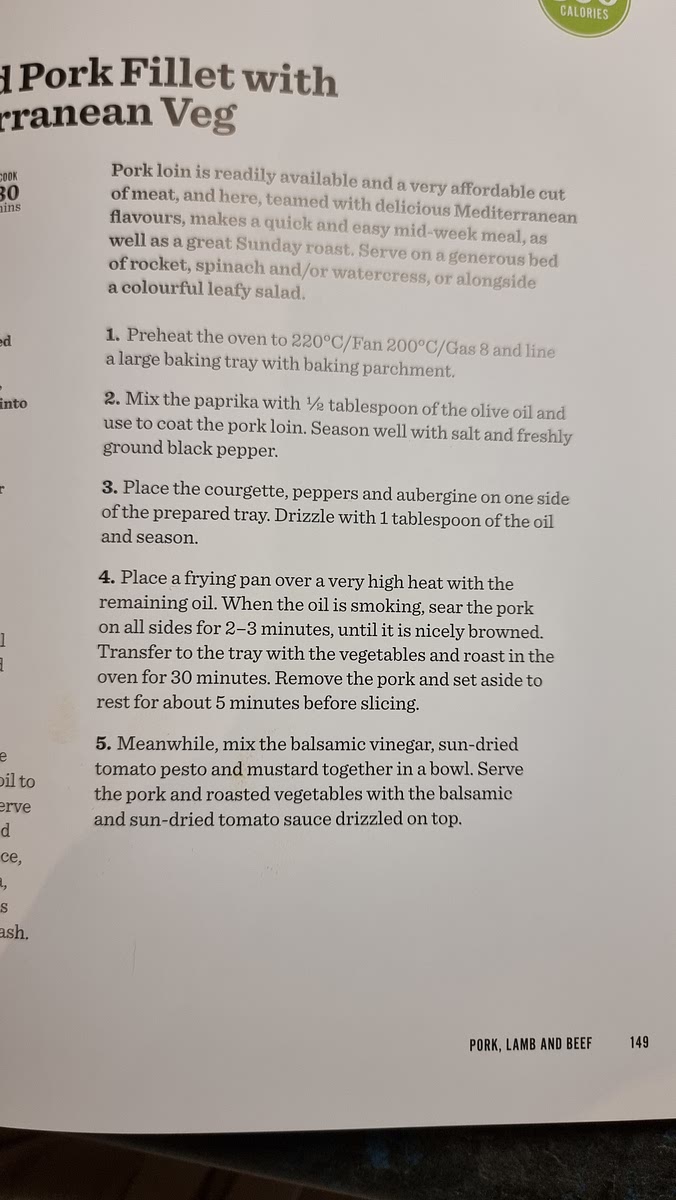 1. Preheat the oven to 220°C / Fan 200°C / Gas 8 and line a large baking tray with baking parchment 2. Mix the paprika with % tablespoon of the olive oil and use to coat the pork loin. Season well with salt and freshly ground black pepper. 3. Place the courgette, peppers and aubergine on one side of the prepared tray. Drizzle with 1 tablespoon of the oil and season. to 4. Place a frying pan over a very high heat with the remaining oil. When the oil is smoking, sear the pork on all sides for 2-3 minutes, until it is nicely browned Transfer to the tray with the vegetables and roast in the oven for 30 minutes. Remove the pork and set aside to rest for about 5 minutes before slicing 5. Meanwhile, mix the balsamic vinegar, sun-dried tomato pesto and mustard together in a bowl. Serve the pork and roasted vegetables with the balsamic and sun-dried tomato sauce drizzled on top.