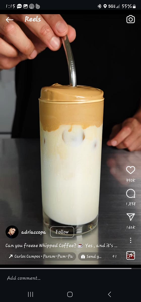 Pour ice and milk in a glass. Add a scoop of the frozen coffee. Enjoy!