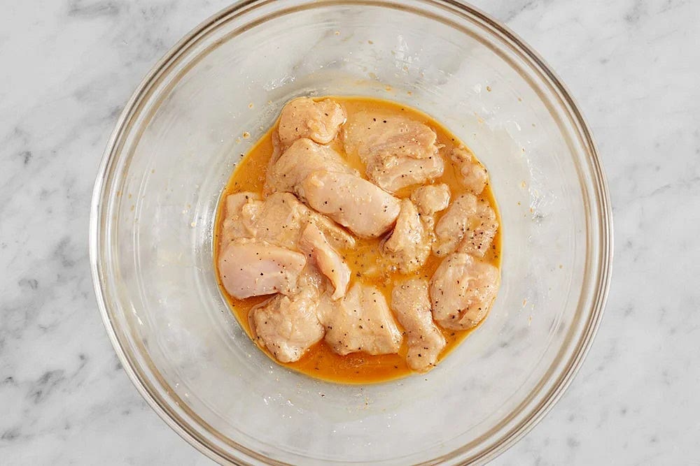 Pat the chicken dry with paper towels; season with salt and pepper. In a medium bowl, combine the sherry vinegar, cornstarch, and half the soy sauce; stir until the cornstarch is dissolved. Add the seasoned chicken; stir to coat. Set aside to marinate, st