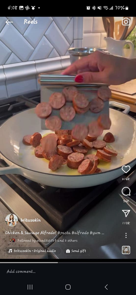 Cut sausage into pieces, put olive oil in pan and brown sausage