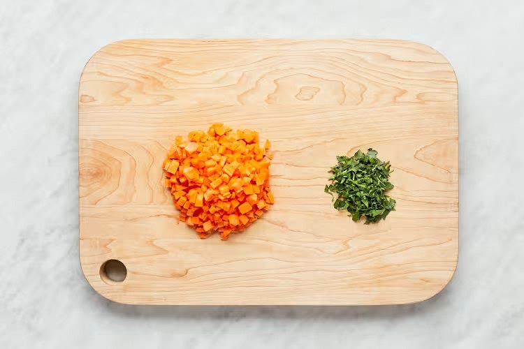 • Bring a large pot of salted water to a boil. Wash and dry produce. • Trim, peel, and finely chop carrot. Pick parsley leaves from stems; roughly chop leaves.