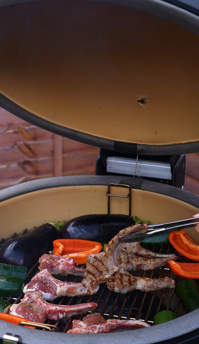 5. Grill the lamb chops until nicely seared, then set aside. Grill the vegetables until golden.