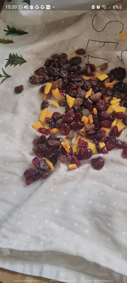 Wash any dried fruit and dry thoroughly with paper towels. Leave out the raisins and sultanas along with coconut flakes until next steps.