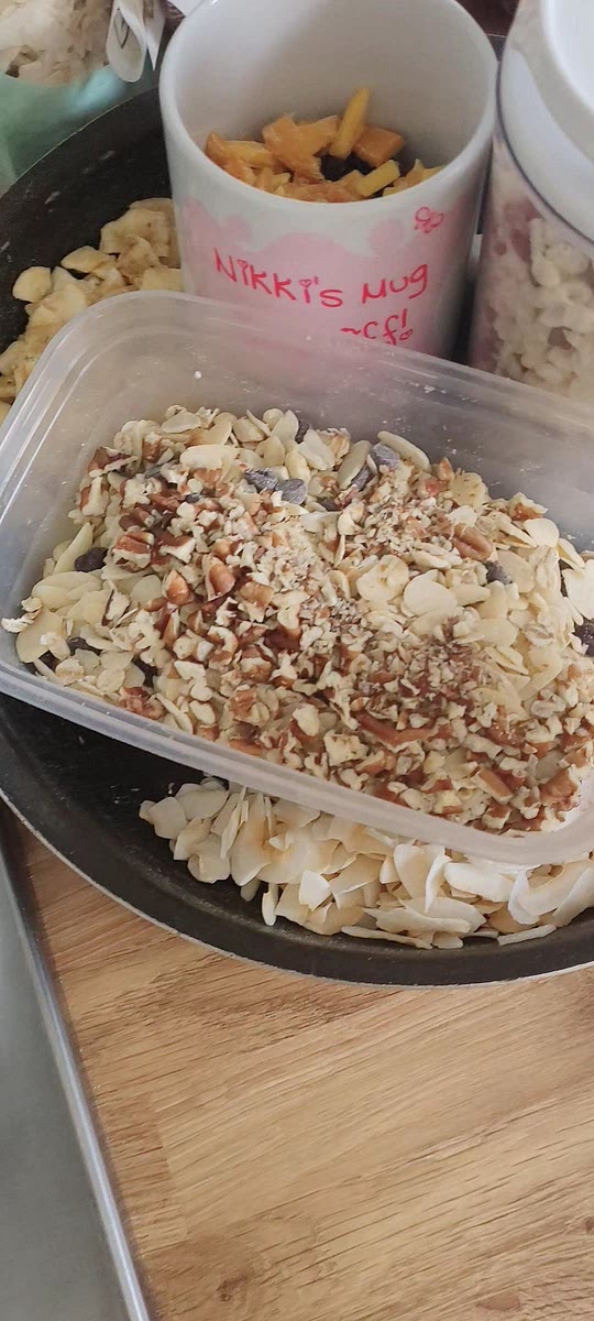 Add all dry ingredients together (chopped nuts, spices to taste, salt etc)