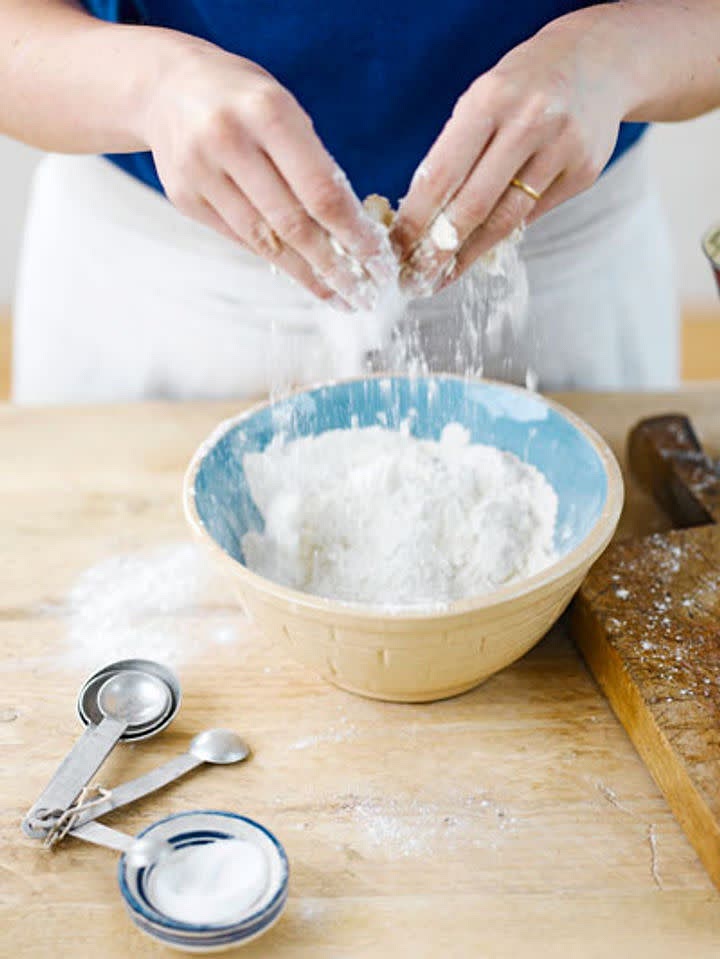 Slowly add 100ml of ice-cold water and mix it until you have a smooth dough (add extra water if needs be) – do not overwork.