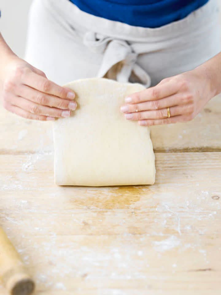 Reseal the edges, turn 90 degrees and repeat the roll and fold. Chill for 20 minutes