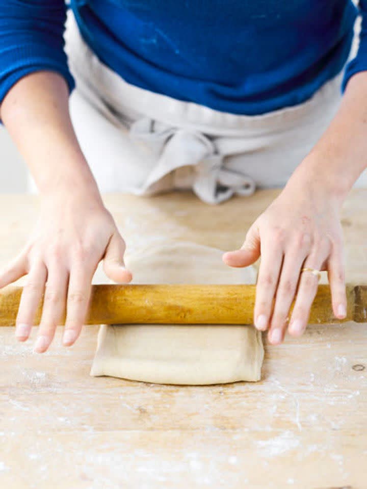 Repeat the rolling and folding process two more times, then chill for 20 minutes. If the butter seeps out while you’re rolling, it’s become too warm, so pop it back in the fridge for 20 minutes – but no longer, as it’ll become too hard.