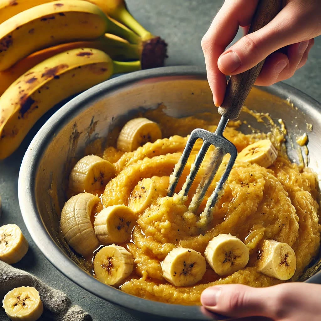 Mash the ripe bananas with a fork until smooth in a large mixing bowl.