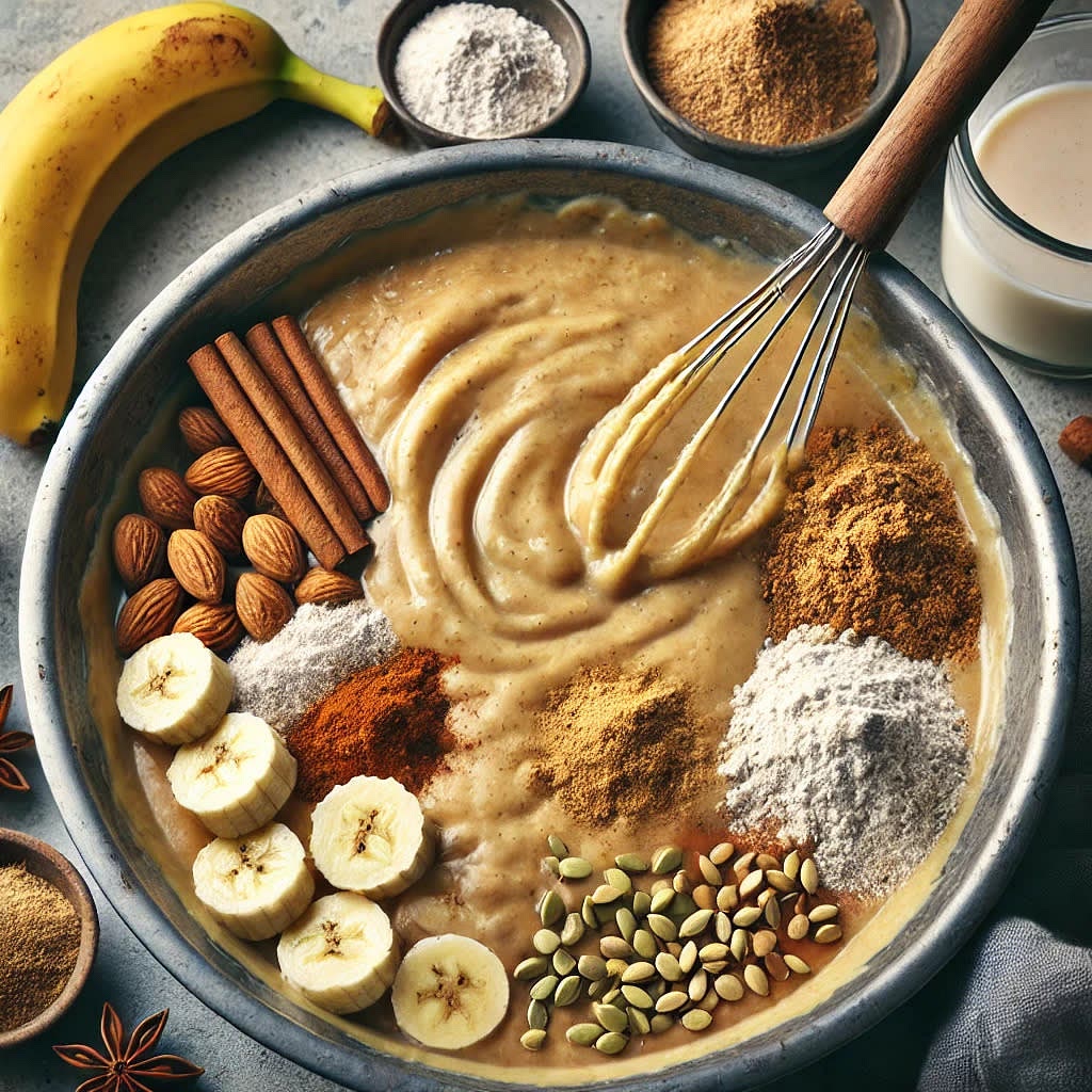 Add the monk fruit sweetener, Cinnamon, nutmeg, whole wheat and almond flour, plant-based protein powder, ground flaxseeds (if using), and baking powder. Mix well.