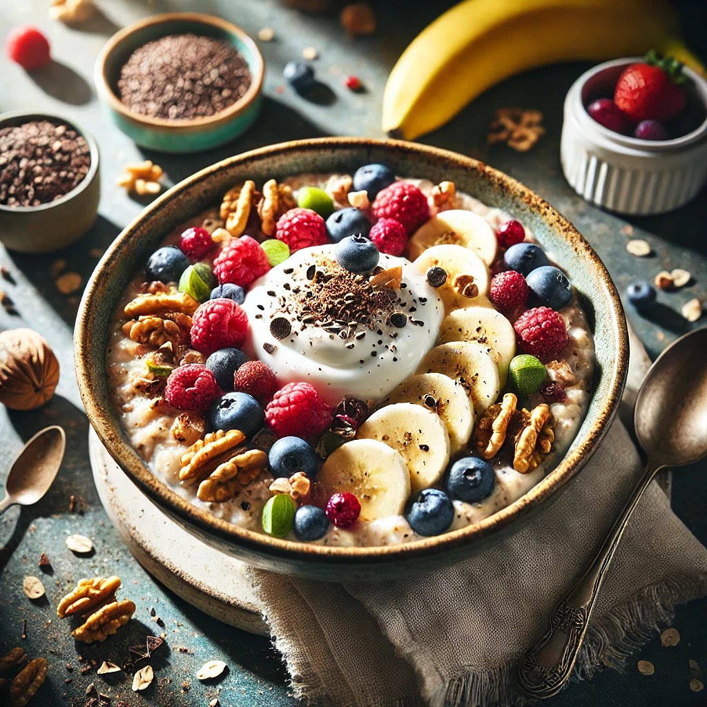 Add Toppings: Top each bowl with slices of banana, mixed berries, a dollop of Greek yoghurt, toasted walnuts, cacao nibs, and toasted coconut flakes.