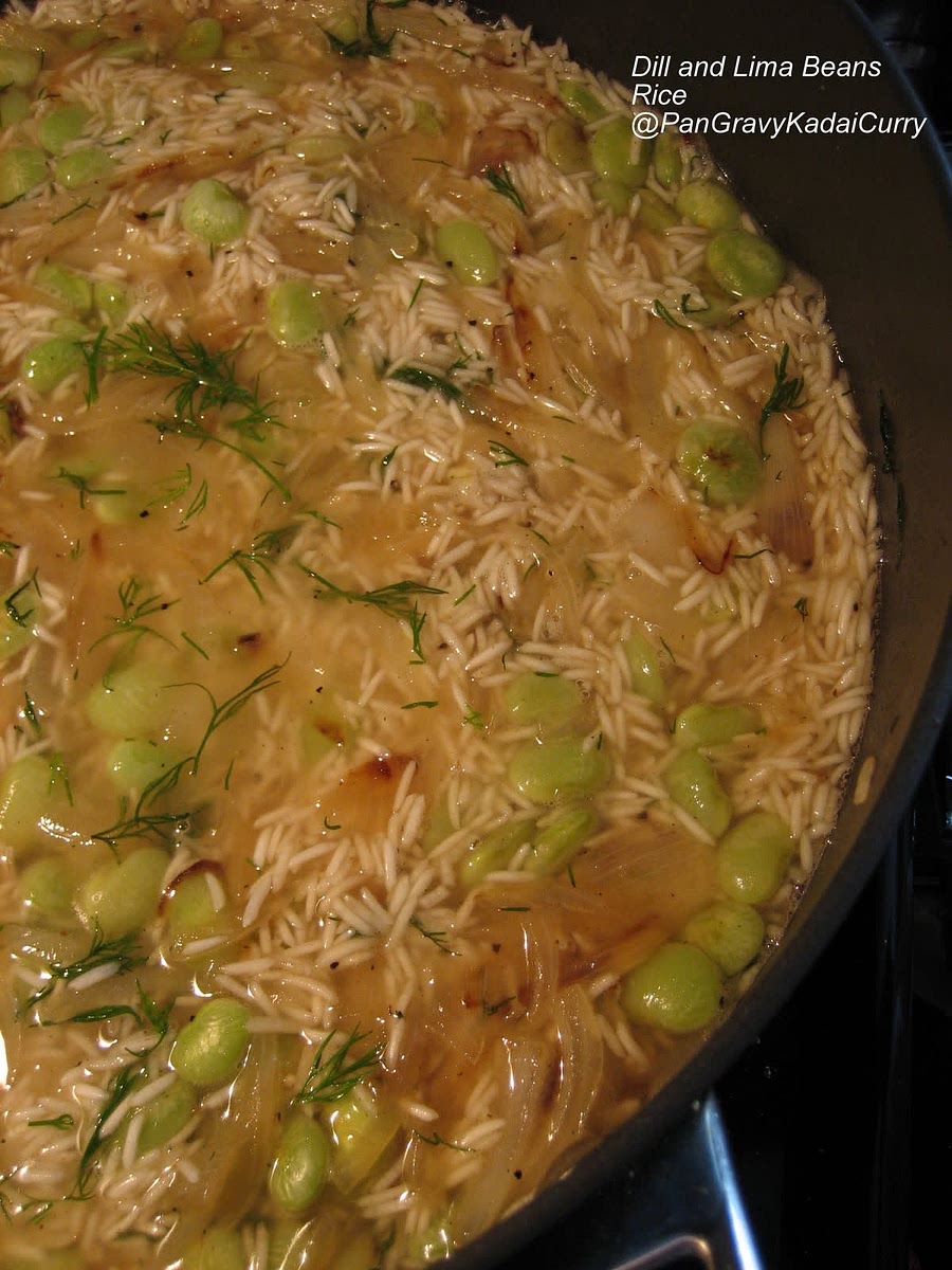 Add the rice to the pan and gently stir to coat them with the seasonings.Pour the warm water and add the Dill Leaves.Lid the pan.Cook the rice on medium flame until rice is well cooked.