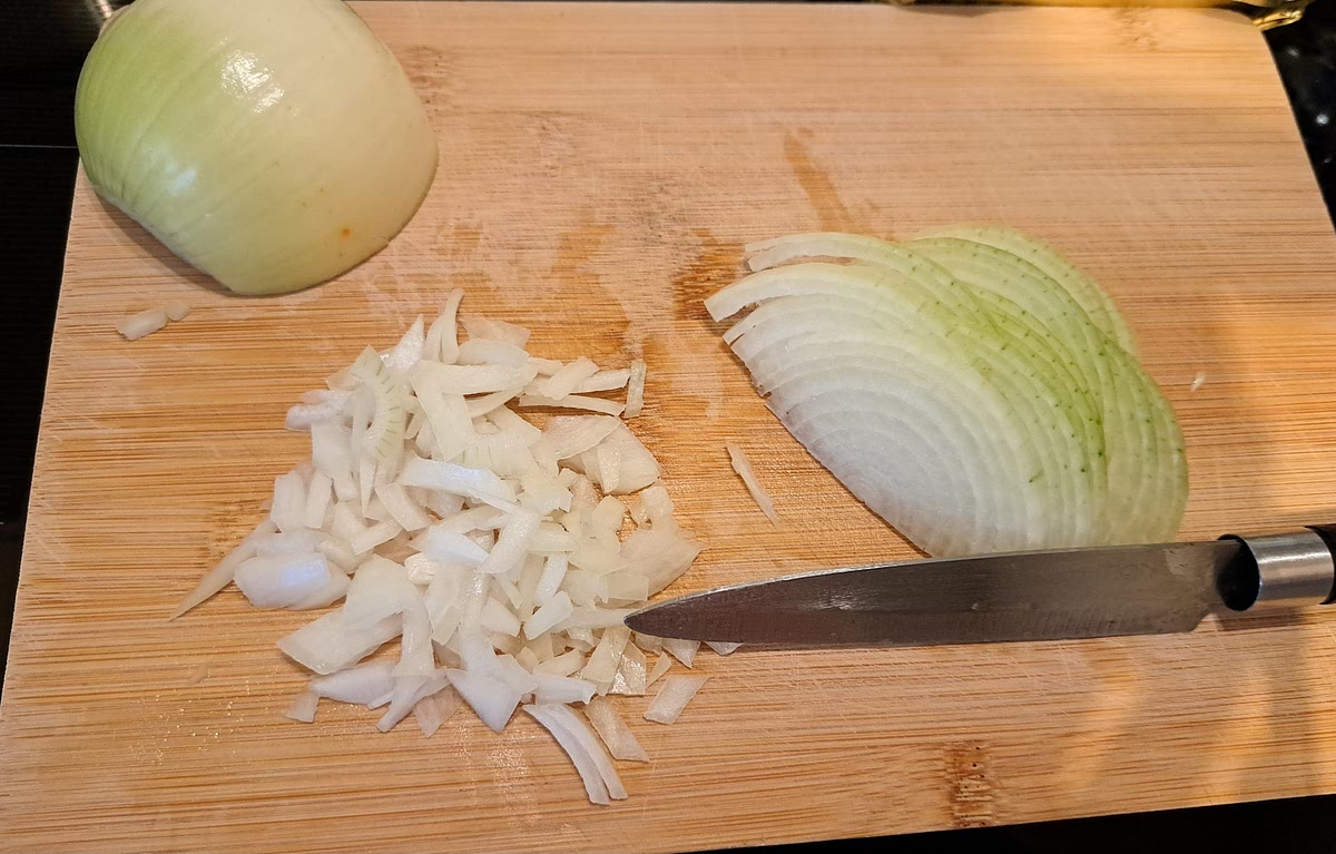 Firstly, peel, slice and dice the onion. Then put in it a deep pan with some oil or butter. Fry it lightly translucent in colour.