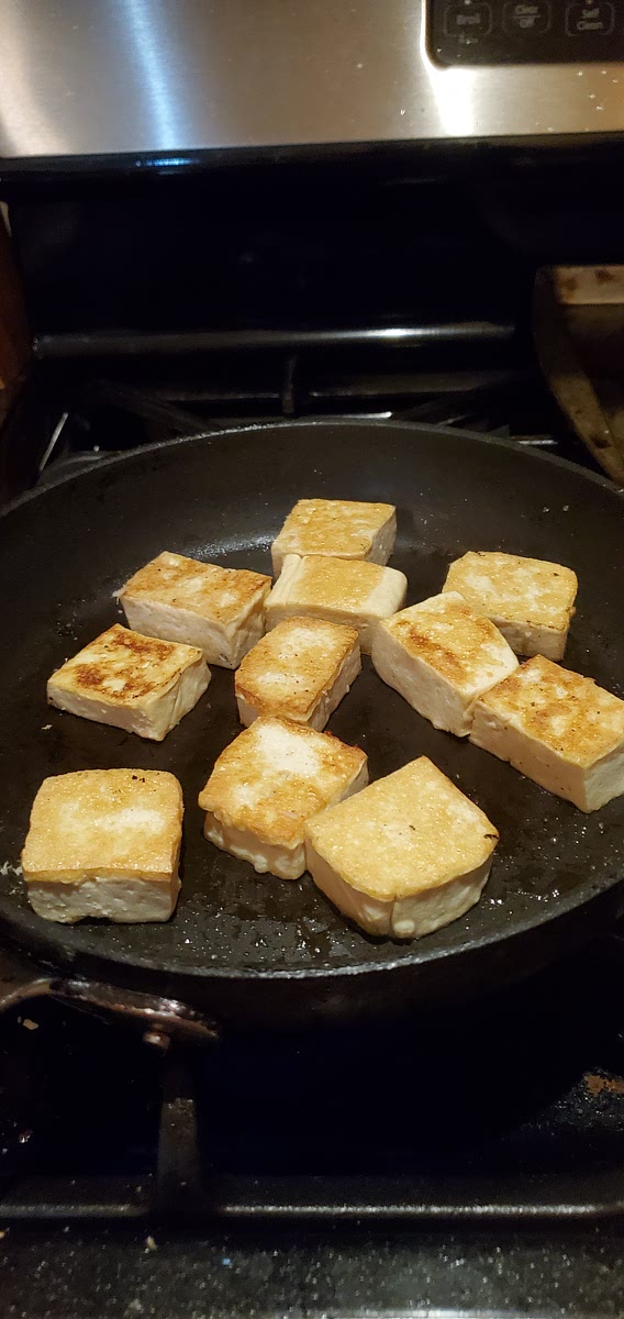 Brown tofu in oil with a little bit of salt. Add to stock