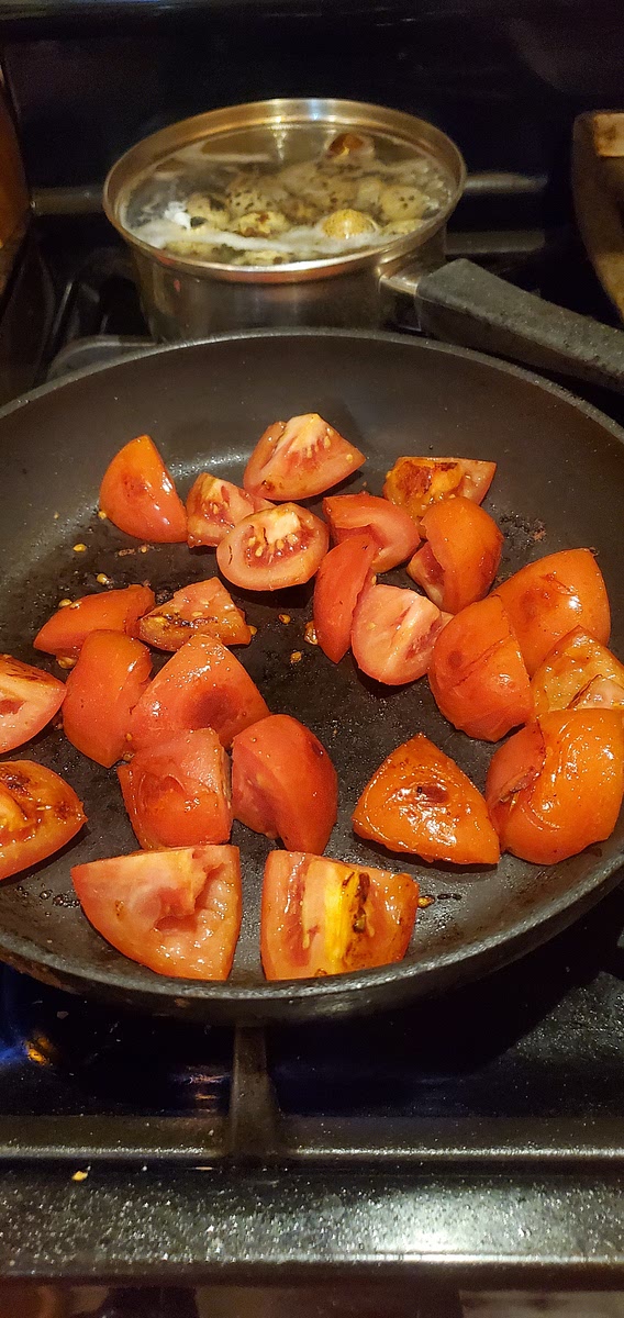 Do same with tomatoes. Add about 1/4 tsp salt and 1 tsp sugar while sauteing. Add to stock