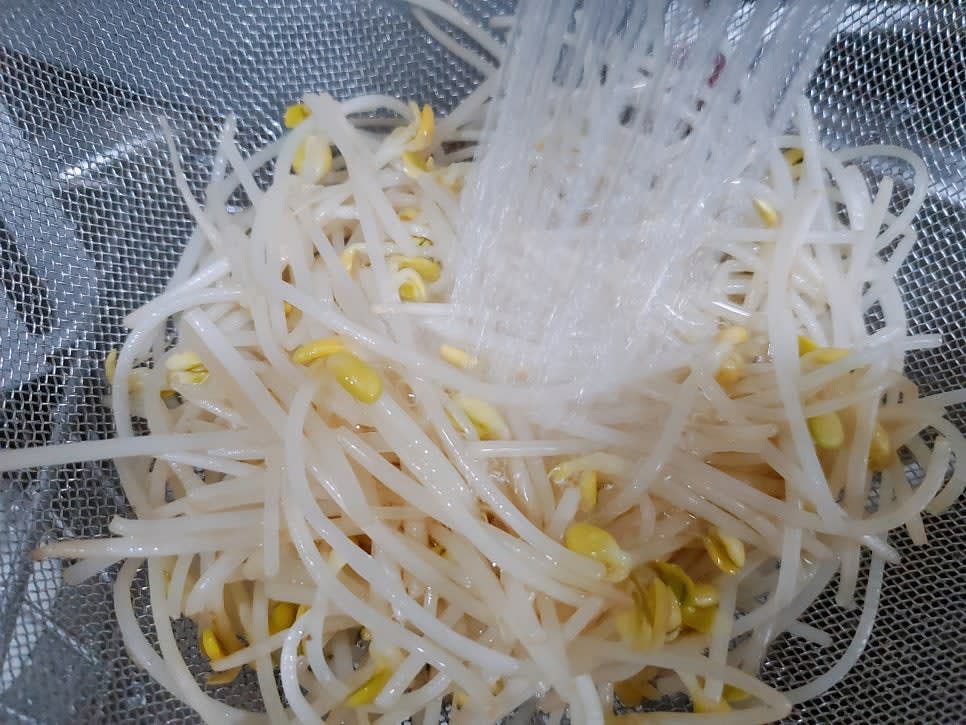 3분간 삶은 콩나물은 바로 건져 찬물에 헹군 후 체에 밭쳐 물기를 제거해 주세요