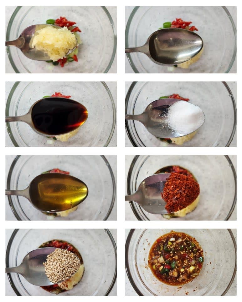 밥이 지어지는 동안 다진대파, 다진마늘 1/2스푼 , 맛술 1스푼 , 간장 2스푼 , 설탕 1/2스푼 , 들기름 1스푼 , 고춧가루 1/2스푼 ,통깨 1/2스푼을 넣어 잘 섞어 가지밥 양념장을 만들어 줍니다.