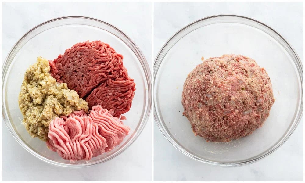 In a large bowl, combine the breadcrumbs, Parmesan cheese, whisked egg, milk, cooled onions/garlic, salt, oregano, allspice, nutmeg, and pepper. Gently incorporate the meat until evenly combined, but without overworking it (otherwise the meatballs will be tough instead of tender).