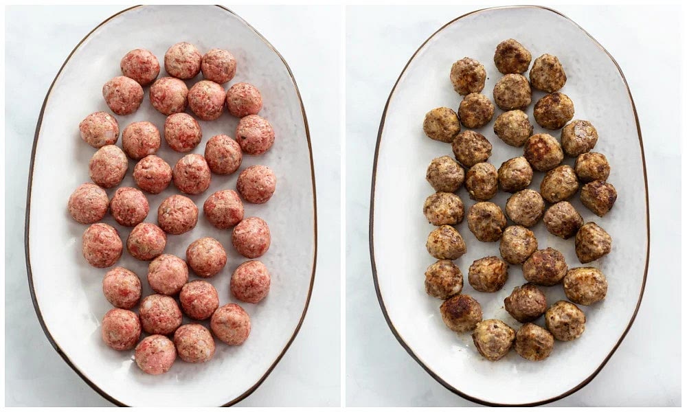 Brown the meatballs in batches, leave plenty of room around each so that you can easily rotate them with a spoon to brown on all sides. Brown for about 1 minute per side. Remove and set aside. Add additional oil and/or decrease heat slightly as needed throughout cooking.